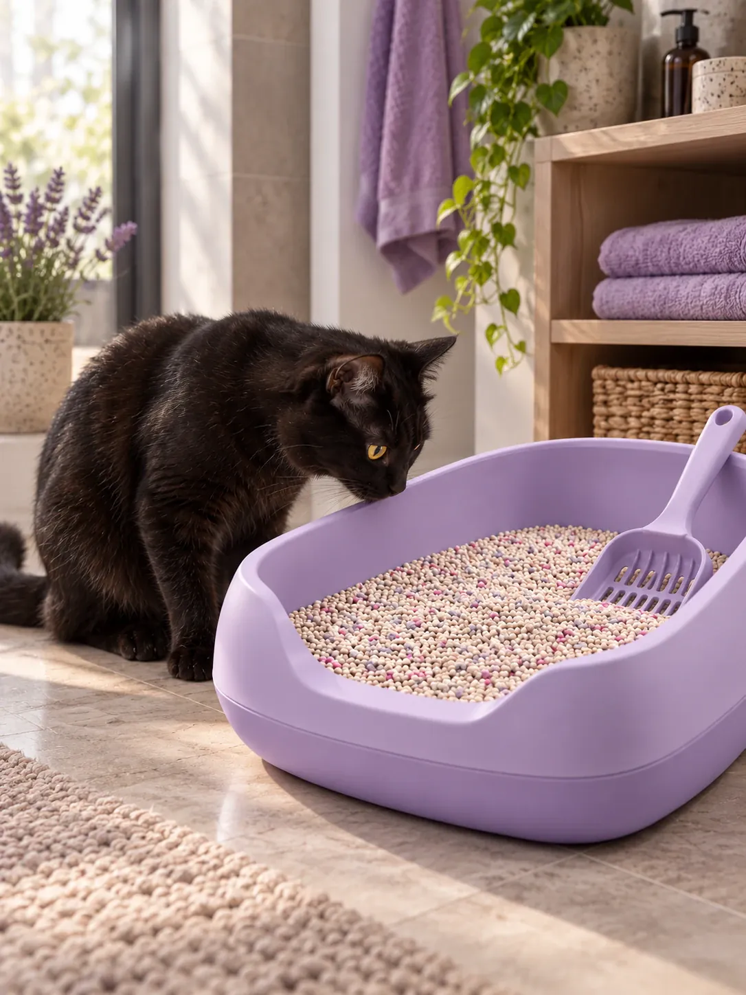 Gato negro junto a una bandeja lila con arena CatSur Aroma Lavanda