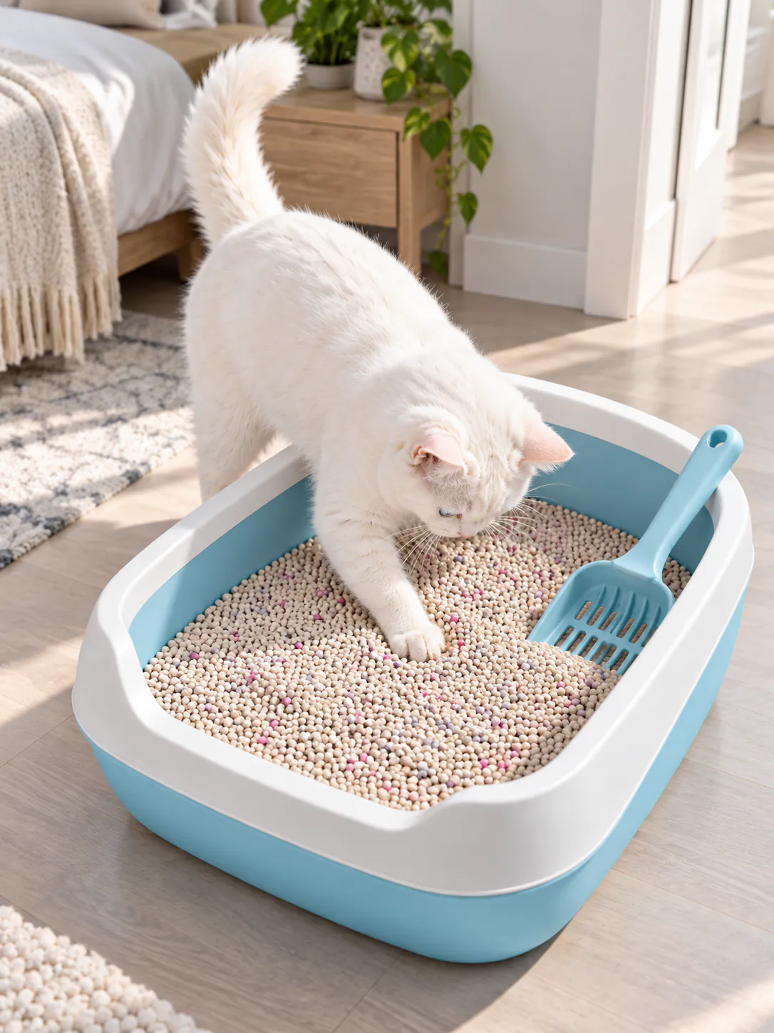 Gato blanco en una bandeja azul con arena CatSur Aroma Bebé