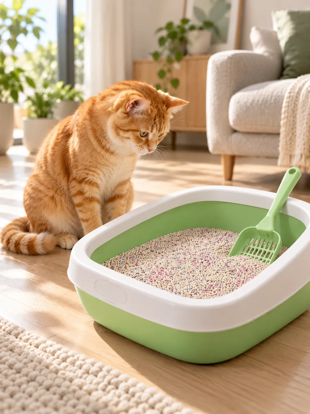 Gato naranja junto a una bandeja verde con arena CatSur Aroma Manzana